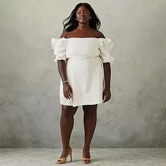 NEW Prabal Gurung Off Shoulder Elbow Sleeve Fit n Flare Dress white 12 - Picture 7 of 7